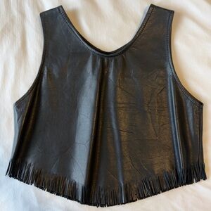 Vintage Black Leather Fringe Tank Top – 90s Boho Western – Fits M